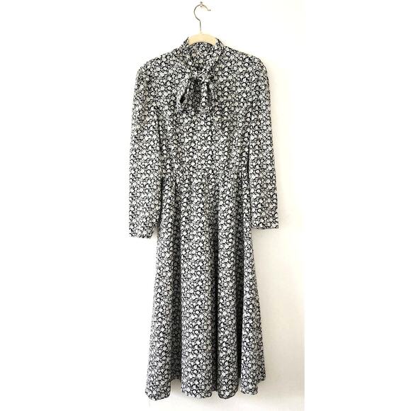 Vintage Classic Japanese Ditsy Floral Tie Neck Pleated Dress M - Picture 1 of 13